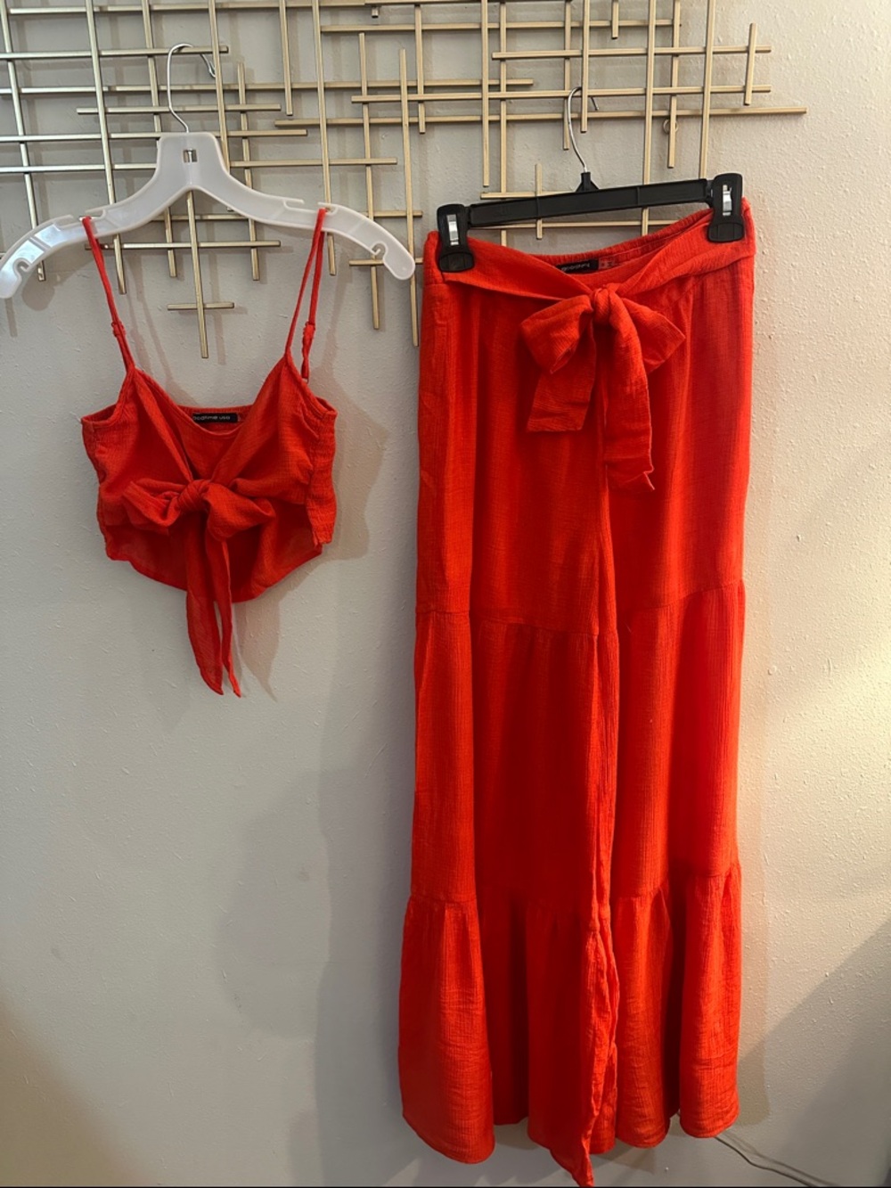 Red Two-Piece Tie-Front Crop Top & Maxi Pants Set